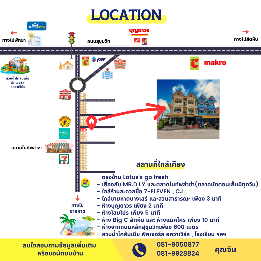 ขายอาคารพาณิชย์ 3 ชั้น (หลังริม) ทำเลดี ใกล้ชายหาดบางเสร่ ตรงข้าม Lotus’s go fresh เยื้องกับ MR. D.I.Y และ ตลาดไนท์ พล่าซ่าบางเสร่ (รูปที่ 2)