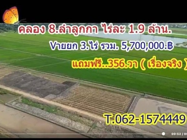 ซื้อ 3 ไร่ แถมฟรีให้อีก 356 วา ที่ลำลูกกาคลอง8 เจ้าของขายเท T.062-1574449
