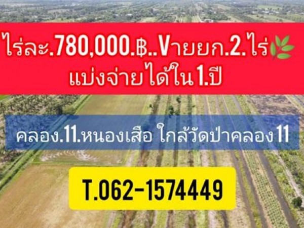 ถูกจัด เจ้าของรีบขาย แบ่งจ่ายได้ ที่ดินคลอง11 หนองเสือ T.062-1574449