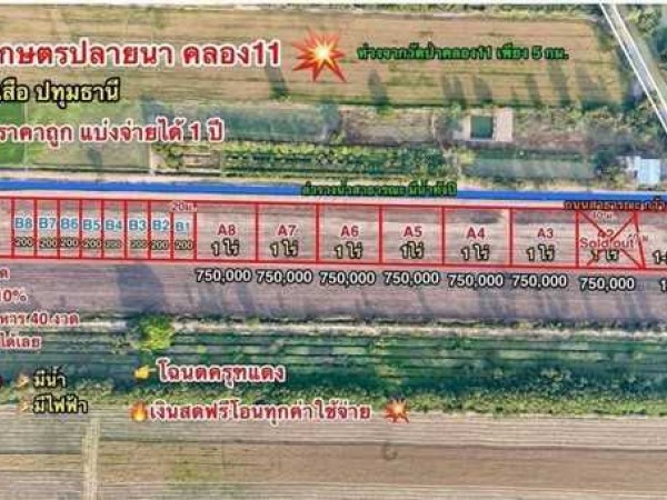 ที่ดินสวนเกษตร ปลายนาร่วมฤดี คลอง11 หนองเสือ สด ผ่อน- T.062-1574449