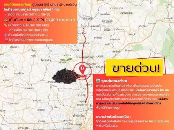 ขายที่ดินติดถนน เแปลงใหญ่สวย ติดถนนสาย 347 ปทุมธานี-บางปะหัน ต.บางประแดง อ.บางประอิน จ.พระนครศรีอยุธยา กม. 29-30 โทร 095-8299247
